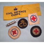 Mixed Lot Comprising 1954 Civil Defence Corps Armband, Cloth Badges & Whistle.
