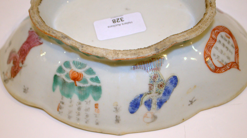 19thC Chinese Lobed Shaped Canton Low Footed Bowl, Character Marks To The Body, Decorated With - Image 2 of 3