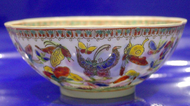 Chinese Republic Period Egg Shell Lobed Shaped Famille Rose And Butterfly Decorated Bowl, On White