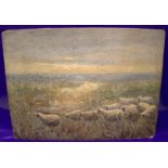 Late 19thC Impressionist Oil On Board Depicting Mountainous Landscape With Sheep, Titled Eventide On