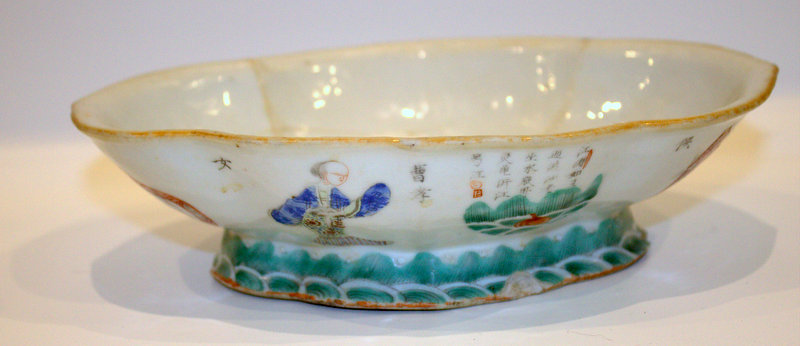 19thC Chinese Lobed Shaped Canton Low Footed Bowl, Character Marks To The Body, Decorated With