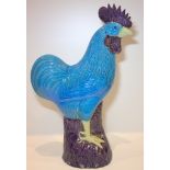 Antique Chinese Turquoise Glazed Standing Cockeral Of Large Size On Aubergine Coloured Base,