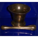 Large Bronze Pestle And Mortar, c1700's With Ribbed Bell Shaped Body And A Large Tear Drop Pestle,