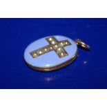 Victorian High Carat Gold Enamel Locket, Hinged Enamel Front Set With A Seed Pearl Cross, Engraved