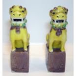 Pair Of Small Antique Chinese Temple Dogs With Famille Verte Coloured Glaze, Height 6 Inches