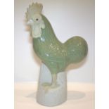 Antique Chinese Celadon Glazed Standing Cockeral, On Rocky White Glazed Base, Height 12 Inches