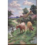 Antique Oil On Board Depicting Cattle, Unsigned, 18 x 14 Inches