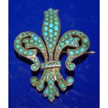 Victorian White Metal Fleur-De-Lys Brooch Set With Turquoise, 1.5 x 1.1 Inches