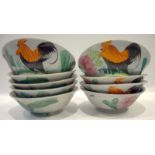 Collection Of Nine Chinese Celadon Bowls, Naively Painted With Cockerels And Rose, , Diameter 7