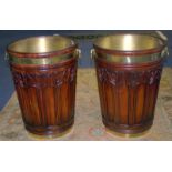 A LARGE PAIR OF BRASS-BOUND MAHOGANY PEAT BUCKETS OF IRISH GEORGE III STYLE, Brass Liners And