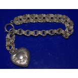 19thC Continental Silver Fancy Link Bracelet With Attached Heart Shaped Hollow Fob