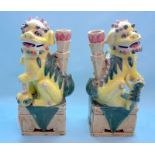A Pair Of Chinese Famille Verte Incense Holders In The Form Of Temple Dogs With Pups, Yellow