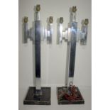 Pair Of Art Deco Chrome Three Branch Table Lamps, Of Tapering Column Skyscraper Design With Two