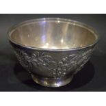 Exceptional Silver Japanese Footed Bowl, Meiji Period, Embossed To The Body with Flowering Prunus,