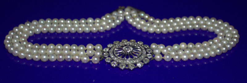 Edwardian Triple Strand Cultured Pearl Choker, Set With Large Diamond Pendant, In The Form Of A