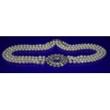 Edwardian Triple Strand Cultured Pearl Choker, Set With Large Diamond Pendant, In The Form Of A