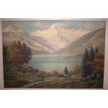 Large Swiss Oil Painting On Canvas, Swiss Chalet In Mountains, Signed