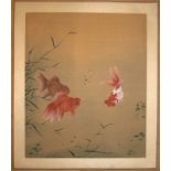 Japanese Watercolour Drawing, Finely Executed On Paper Depicting Goldfish And Carps. Artist Signed