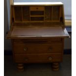 Mid 20thC Oak Bureau, Fall Front With Fitted Interior Above Three Long Drawers.