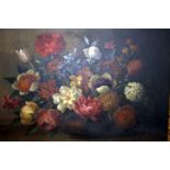 Antique Dutch Floral Oil Painting On Canvas, Roses And Tulips Signed Indistinctly JAN VAN BEESEN