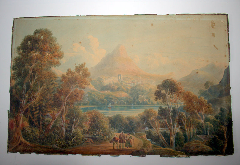 English School Watercolour Depicting An Arcadian Landscape, Figures In The Foreground, Unsigned,