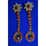 Large Unusual Pair Of Silver And Red Stone Earrings, Flowerhead Design With Long Hinged Drop, Length
