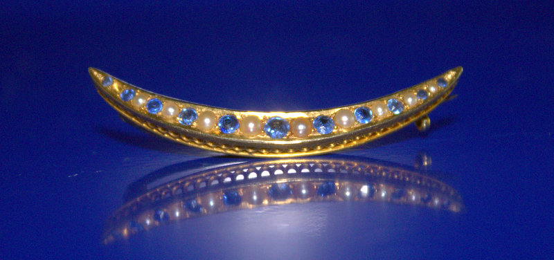 Victorian High Carat Gold Sapphire And Pearl Crescent Brooch, Unmarked Length 2 Inches