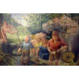 JOHN SPIBY Modern British c1930 OIL ON CANVAS Young Boys At The Pond 51cm wide 61cm high unsigned