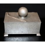 Golfing Interest, Art Deco Planished Pewter Lidded Cigarette Box, Civic Pewter Trade Mark, Patent Nu