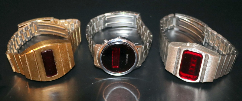 3 Vintage LED gents watches. Gold plated watch by Collins, round steel circular watch by Imado cir