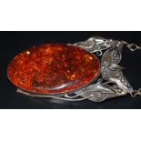 Large Silver Art Nouveau Style Pendant And Attached Fancy Link Necklace, Set With A Large Amber Colo