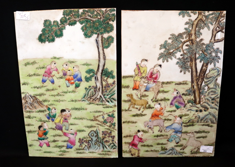 Pair Of Chinese Porcelain Plaques, Famille Verte 100 Boys Pattern. 17 x 11 Inches