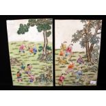 Pair Of Chinese Porcelain Plaques, Famille Verte 100 Boys Pattern. 17 x 11 Inches