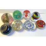 Collection of 8 Hand Made Glass Paperweights Including 3 Millefiori. Various Ages, Sizes, Styles