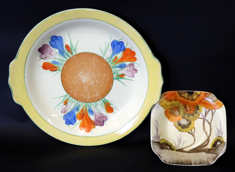 Clarice Cliff Crocus Pattern Cake plate Together With A Bizarre Rhodanthe Variant Pattern Dish