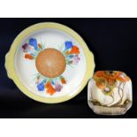 Clarice Cliff Crocus Pattern Cake plate Together With A Bizarre Rhodanthe Variant Pattern Dish