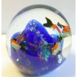 Murano Glass Aquarium Paperweight. 4 Fish Swimming Around A Colourful Seabed Scene