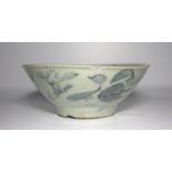 Late Ming Chinese Export Shallow Bowl, Celadon Glaze With Underglaze Blue Decoration