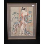 Antique Japanese Painting On Silk, Depicting A Geisha Girl In Robe, Fully Signed With Red Seal Mark