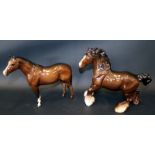 Two Beswick Brown Horses Cantering Shire No 975 & Race Horse