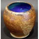 Studio Art Pottery, Brown Glazed Vase With Unusual Blue Enamelled Interior, Incised Mark To Base