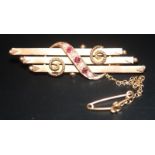 9ct Gold Bar Brooch, Fully Hallmarked for Chester, 3 Bar Design With Seed Pearl & Garnet Scroll