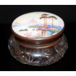 Ladies Dressing Table Glass Jar, Enamel On Copper Cover Depicting A Mediterranean River Scene, Dia