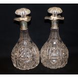 Pair Of Silver Topped Cut Glass Decanters, Scalloped Silver