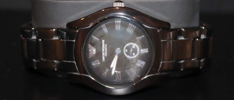 Emporio Armani Ceramica Gents Wristwatch, Black Dial, Casw And Bracelet Strap With Deployment