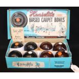 Henselite Biased Junior Carpet Bowls, In Original Box, Set Of Eight Bowls And Jack, With Rules.