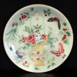 Antique Chinese Celadon Glazed Famille Rose Decorated Dish, Character Mark To Base, 8 Inch Diameter