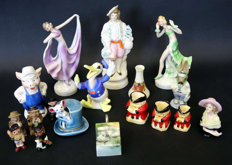 Small Box Of Ceramics, Comprising Two Deco Lady Figures, German Bisque Figure, Disney Figures etc