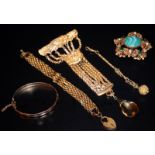 Mixed Lot Of Yellow Metal Jewellery Comprising A Gold Plate Bangle, Large Brooch, Chatelaine Style