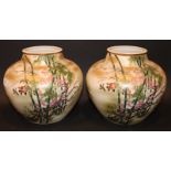 Pair Of Oriental Satsuma Globular vases Of Squat Form, Painted With Bamboo